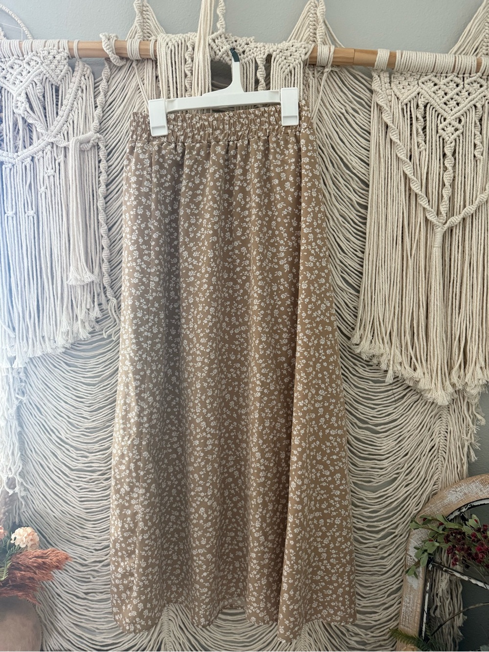 Amazon Camel Brown Maxi Skirt with White Floral Print